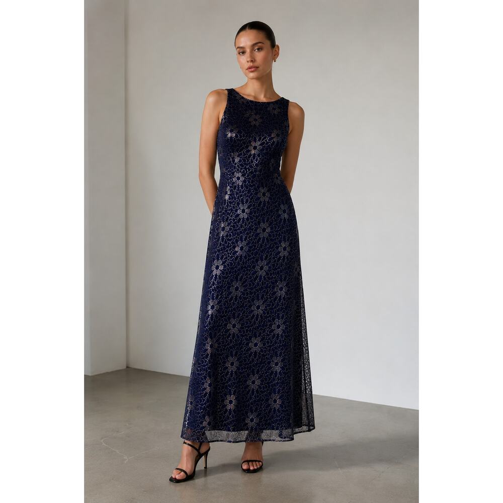 Vintage Night Way Navy Glitter Floral Maxi Dress Retro Formal Evening Gown-M